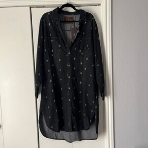 L&B Lucky & Blessed Women's Black Cactus Print Denim Shirt Dress XL‎